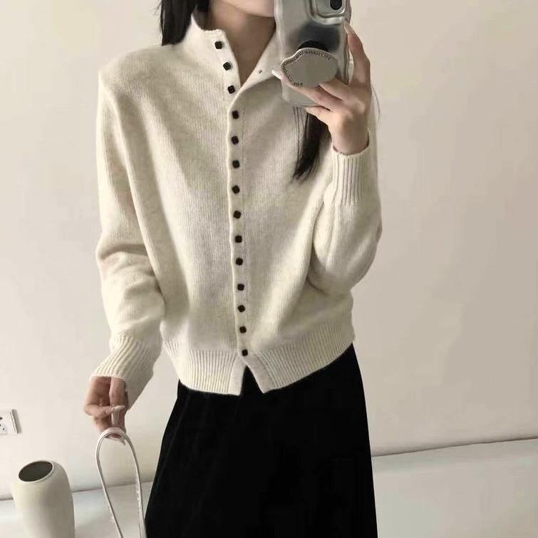 Soft Comfortable Stand-Up Collar Sweater Cardigan Women Simple Single Breasted Cardigans Coat Autumn Solid Knitted Outerwear