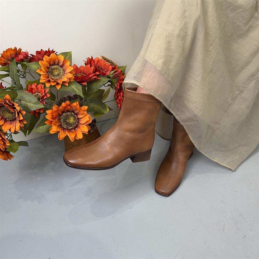 Johnature Genuine Leather Retro Thick Heel Mid-calf Boots Square Toe Versatile Women's Shoes