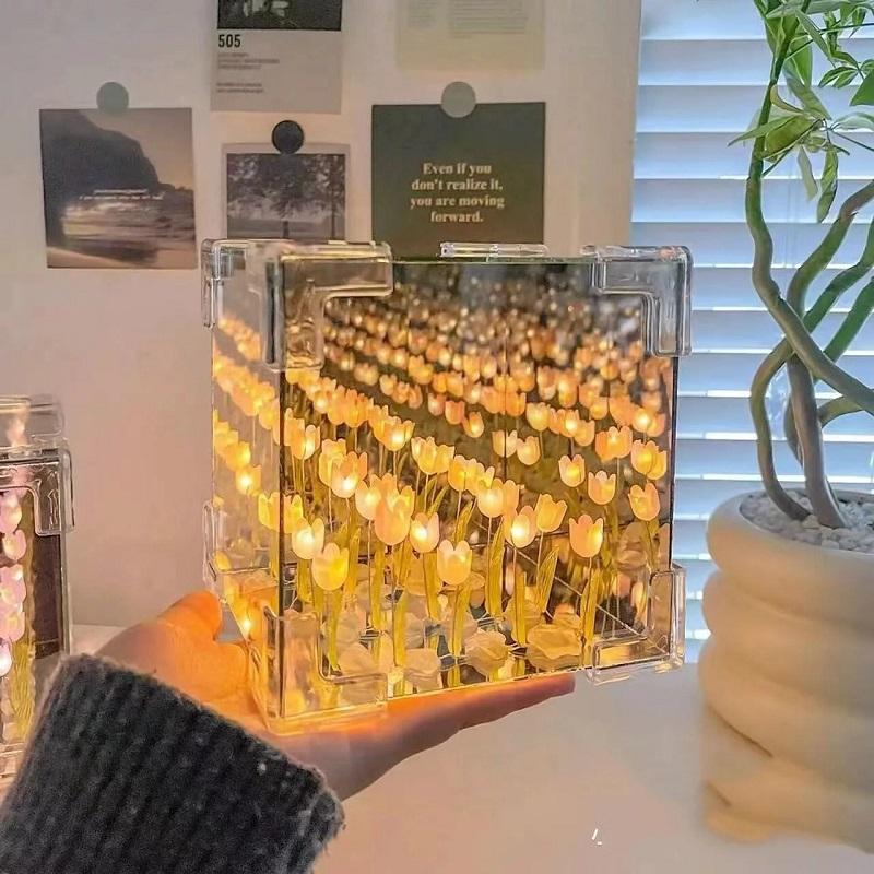 Cloud Tulip Flower Sea Night Light Mirror Table Lamps Bedroom Ornaments Decoration Bedside Gift 3D LED DIY Kid Friendly Entertaining Fun Play Safe