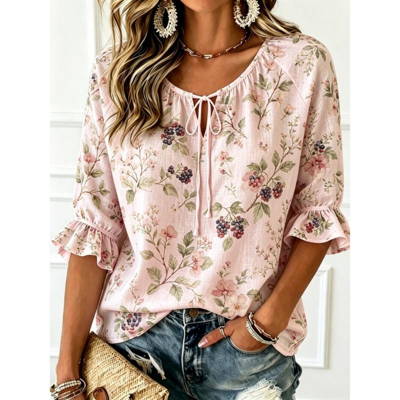 Women's Tie Keyhole Neck Blouse, Light Pink Base Seashell Grass Floral Allover Print, Loose Fit for Spring Summer Daily Outfits