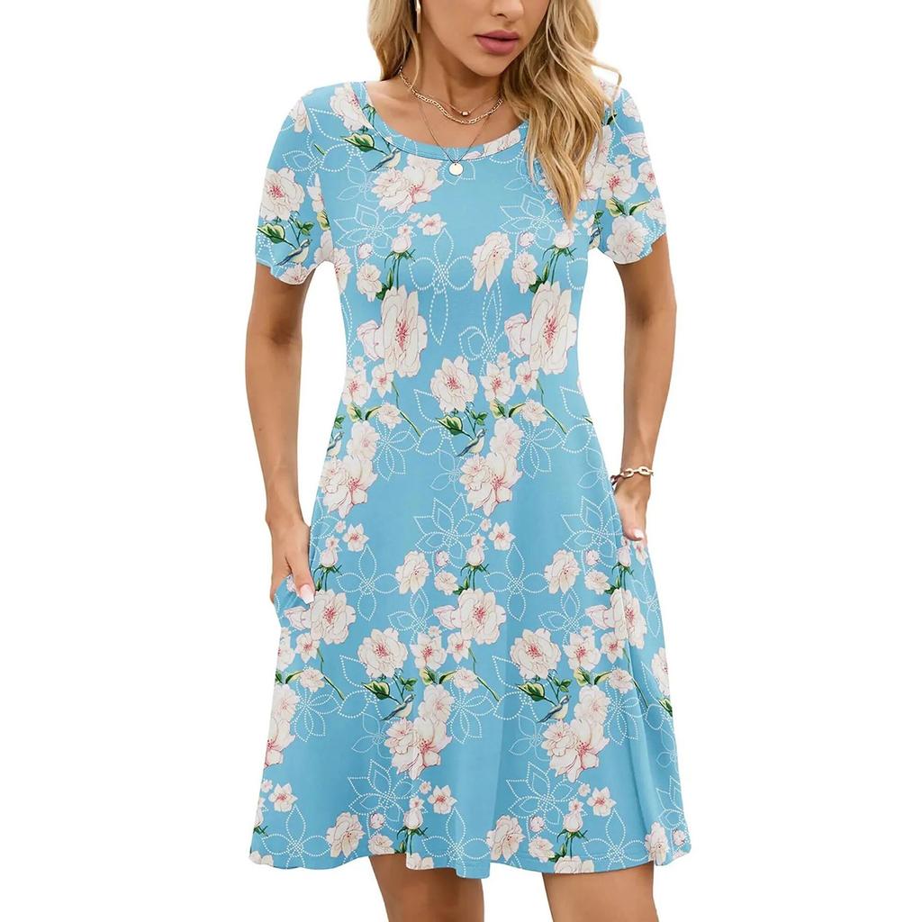Women's Fashion Spring And Summer Round Neck Printed Short Sleeve Large Swing Dress