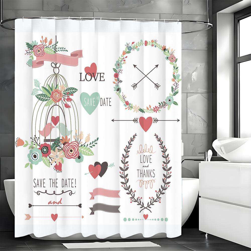 Birdcage Wreath Love Arrow Shower Curtain, Bathroom Decorative Shower Curtain, Waterproof Shower Curtain with Hooks