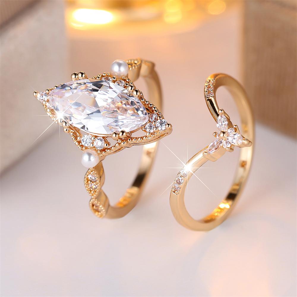 

Кольца-сеты с камнем маркиз, белым цирконом и имитацией жемчуга для женщин, винтажные, золотого цвета, обручальные кольца, свадебные украшения, свадебный набор 6