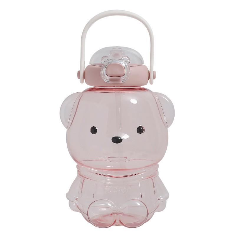 1000ml Cute Bear-Shaped Plastic Water Bottle Kids Students With Straw BPA-Free PC Material Portable Cartoon Drink Cup