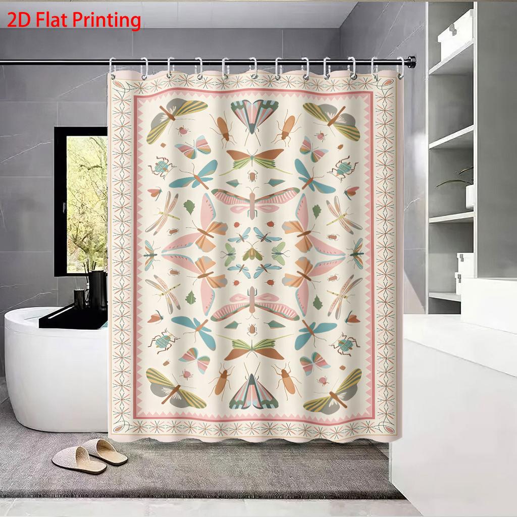 1Pc Colorful Insect Printed Waterproof Shower Curtain Partition Privacy Hanging Curtain, With 12 Hooks, Easy To Install