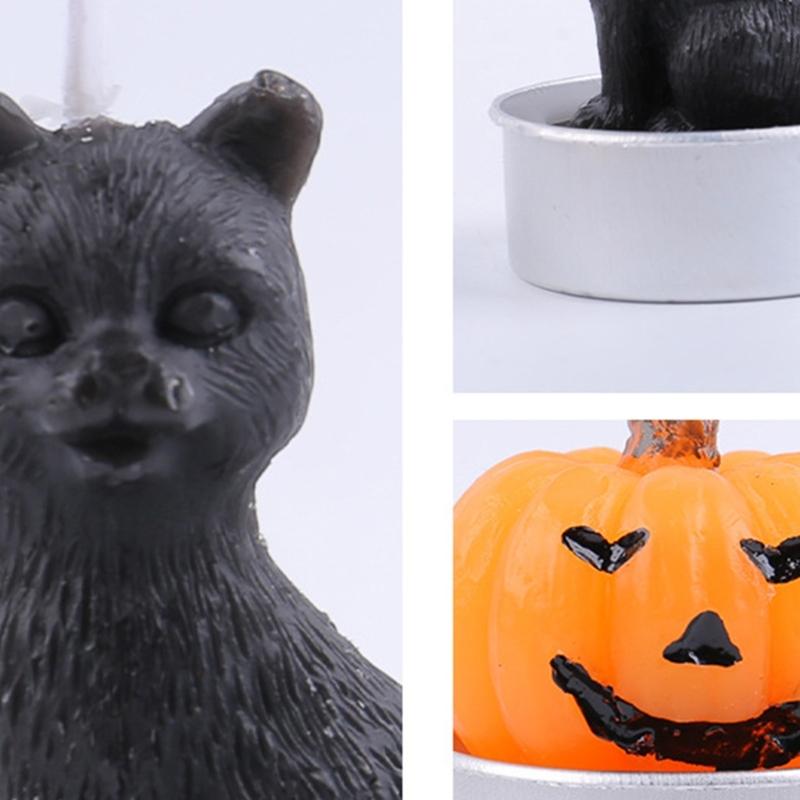 Set of 3 Halloween Themed Candle Ornaments Funny Black Cats Skull Pumpkin Witches Shape Candle for Home and Party Decors