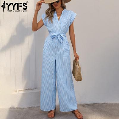 Damenmode Casual Sommer Frühling Streifendruck Ärmellos V-Ausschnitt Hohe Taille Hosen Jumpsuits & Strampler