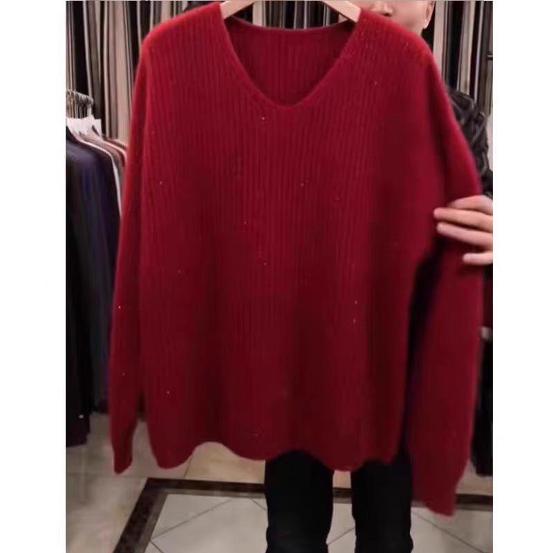 2026 Autumn Fine Glitter V-Neck Sequined Knitwear Sweater - Stylish Lazy Black Edition for Women