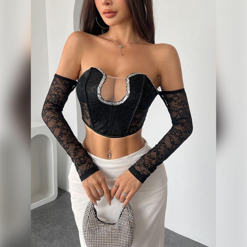 

Sequin Decoration New Sexy Slant Shoulder Waist Short Sleeve Wrap Hip Black XS