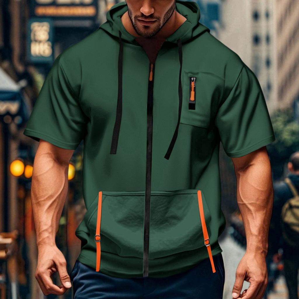 Men's Casual Short-sleeved Sweatshirt. Loose And Breathable Solid-color Sweatshirt Jacket With Multiple Pockets And A Zipper.