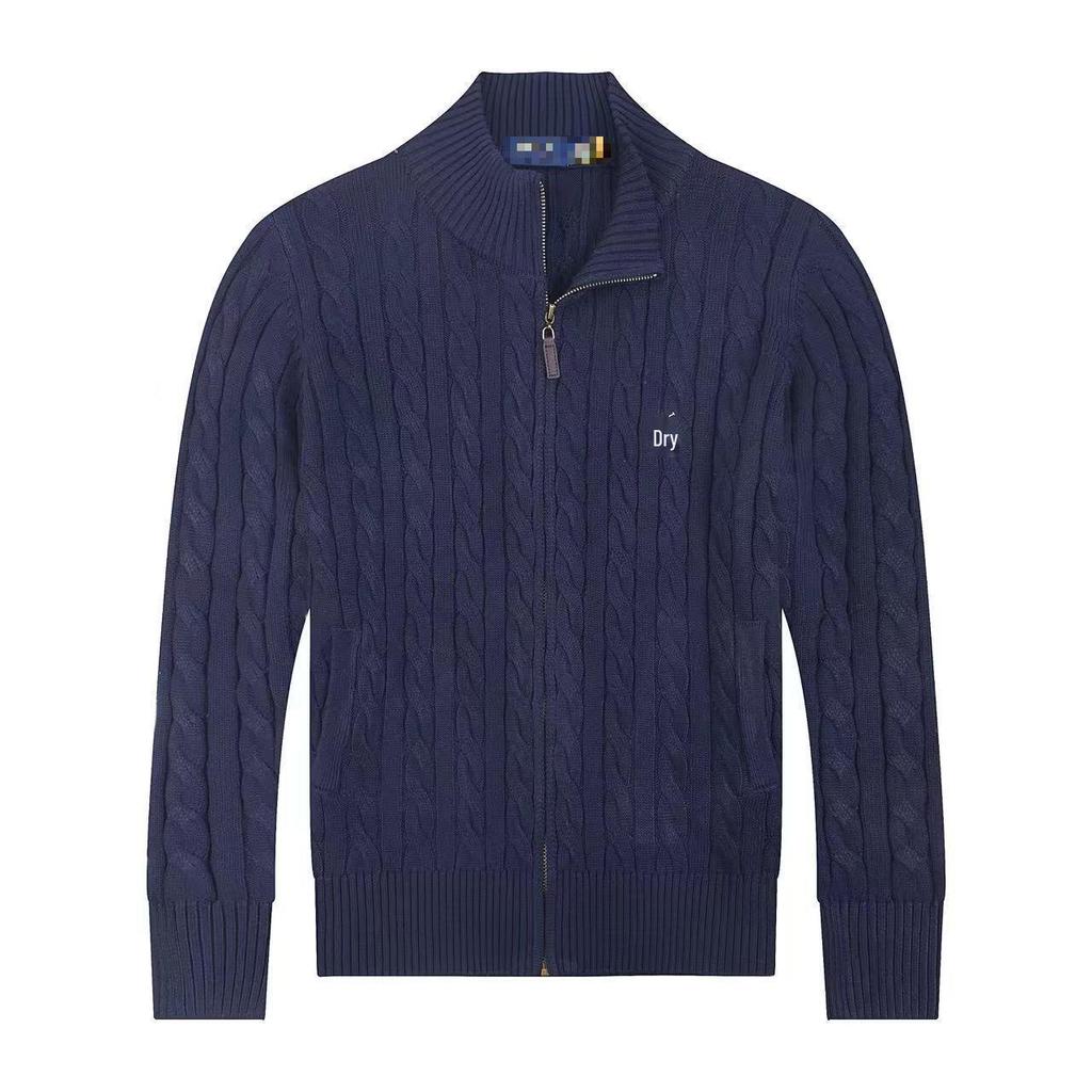 Men's Embroidered Pony Polo Shirt, Classic Old Money Style, Thickened Cotton, Full Zip Knitwear Jacket for Autumn and Winter