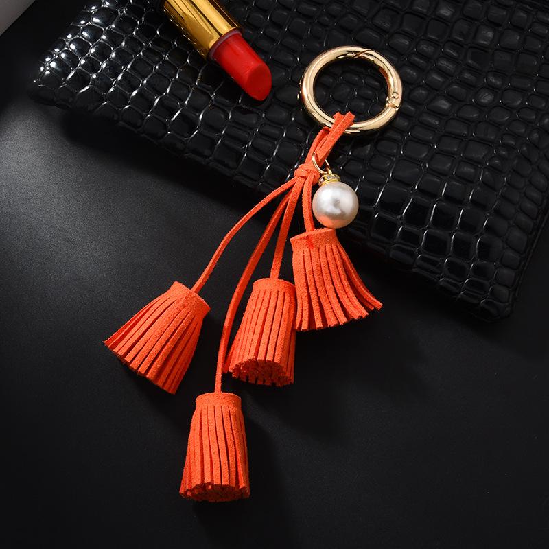 Korean Velvet Tassel Keychain Leather Tassel Pearl Pendant Car Ornaments Female Key Chain Plush Bag Pendant