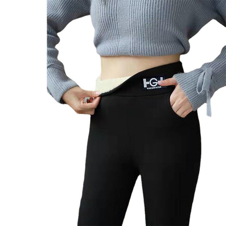 TikTok Heißer Stil Lammwolle Leggings mit Fleecefutter und HG Logo-Tasche - Warme Damen Herbst/Winter Hose