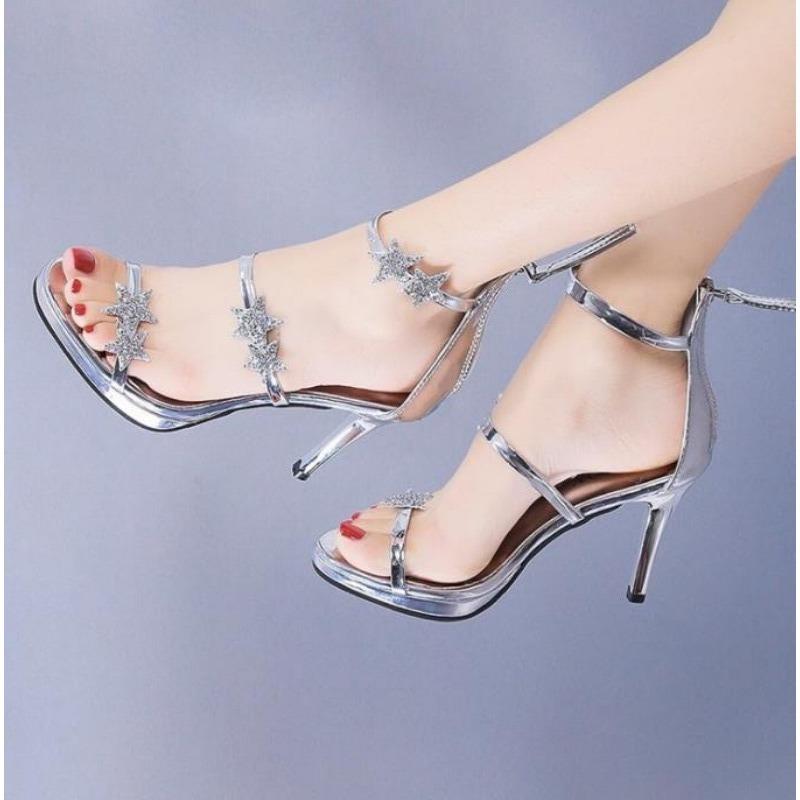 Fashion Back zipper sandals summer round head rhinestone one-line buckle bag with women's stiletto heels