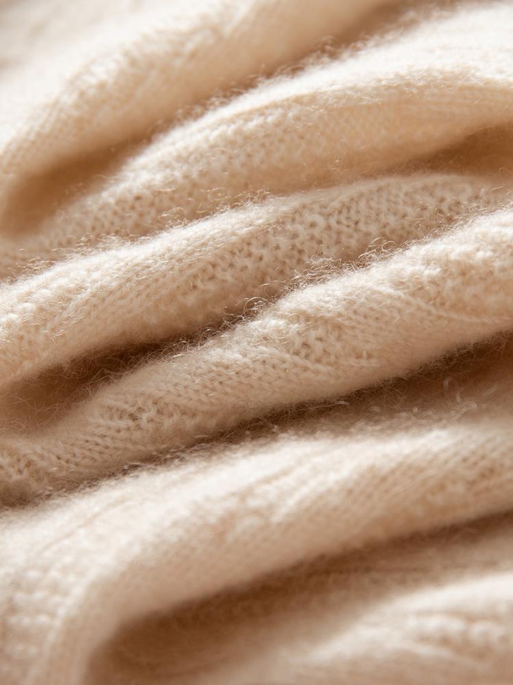 Women's Cable Knit Cashmere Sweater - 12-Gauge, Lychee Pattern, Half-High Neck, Fleece Lining, Twist Design, Wool Base Layer