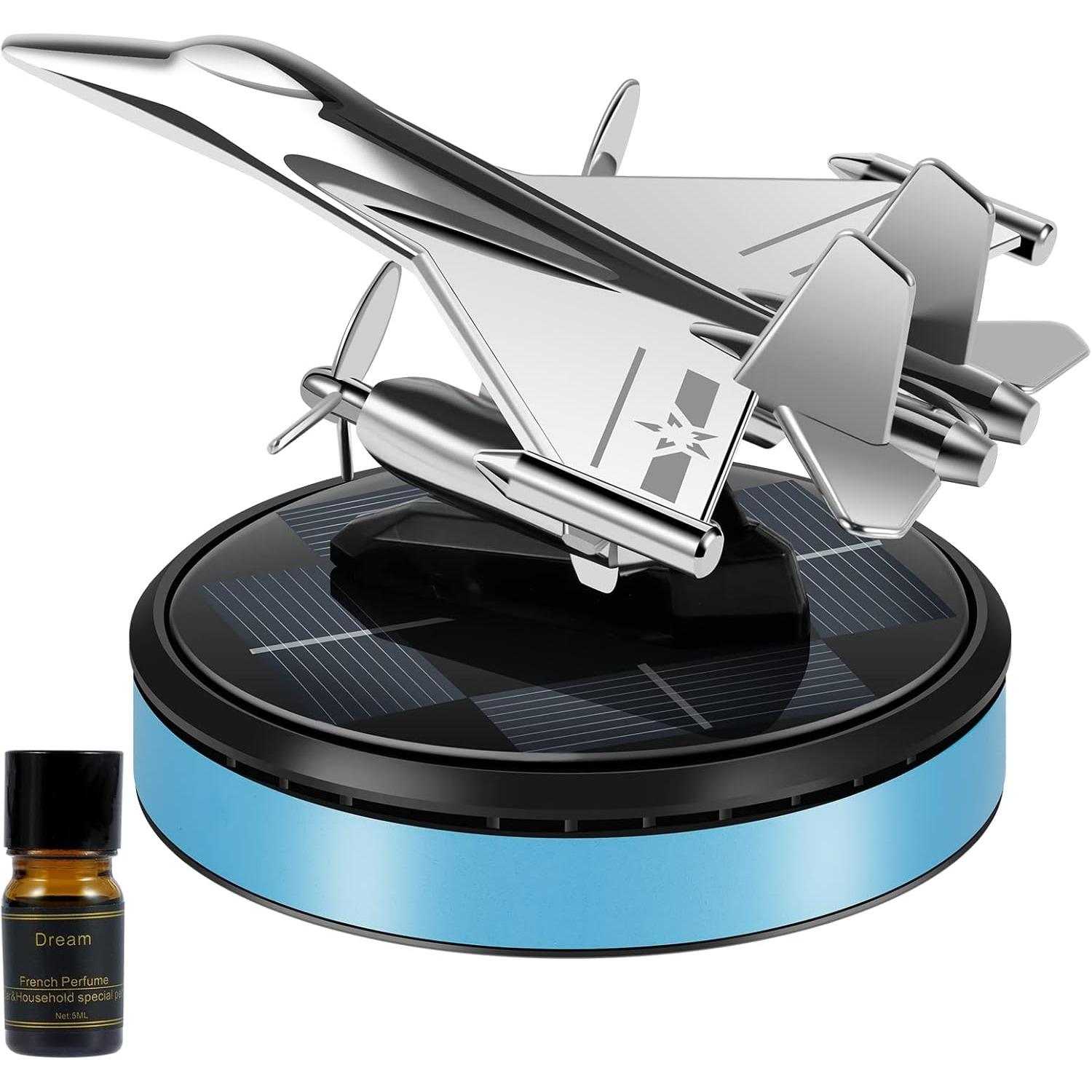 Solar Airplane Car Air Freshener Solar Rotating Fighter Car Aroma Diffuser with 5ml Essential Oil Long-Lasting Car Essential Oil Diffuser Cool Odor