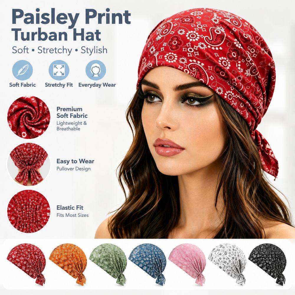 Stretchy Fabric Turban Hats Paisley Print Casual Hedging Cap Fashion Pullover Hat Hair Accessories