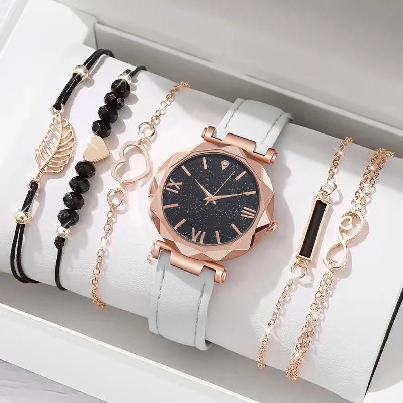Fashionable Simple Trendy Round Dial Leather Strap Women's Quartz Watch Bracelet Set for Christmas and Thanksgiving Gifts