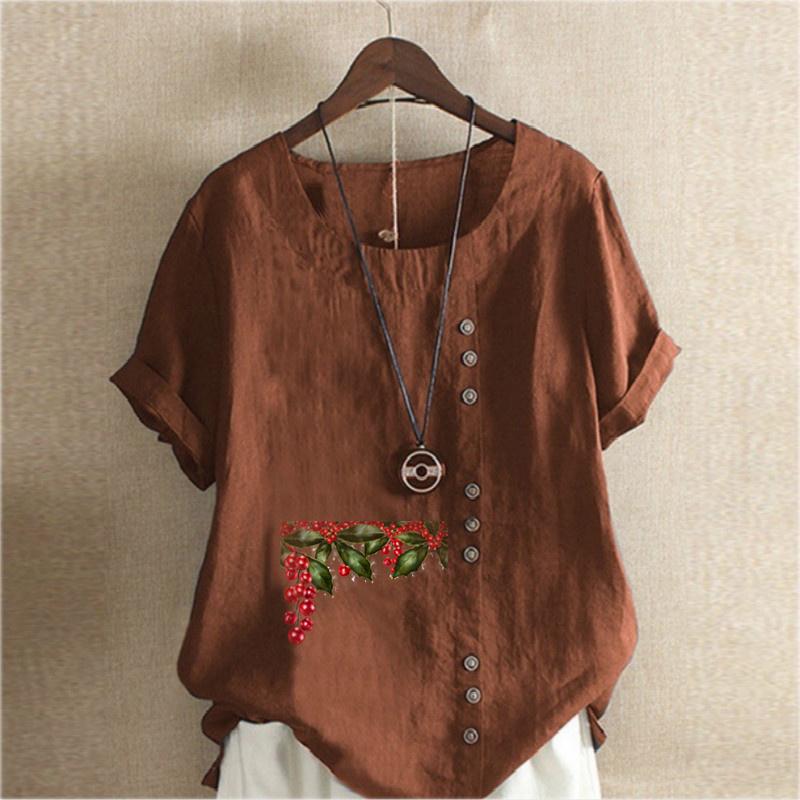 Women's Fashion Chinese Hawthorn Prined Round Neck Short Sleeve T-shirt Casual Cotton Linen Graphic Shirt Leisure Loose Summer Blouse Tops