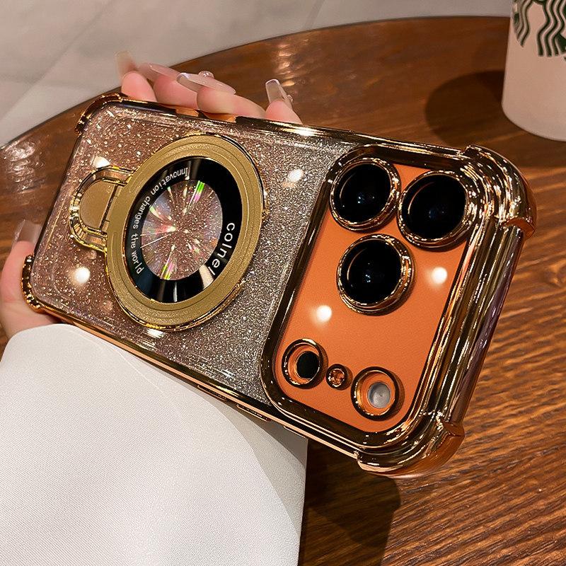 Applicable to Apple 17Promax mobile phone case, airbag electroplating glitter, soft case iPhone16 magnetic suction bracket, anti-drop.