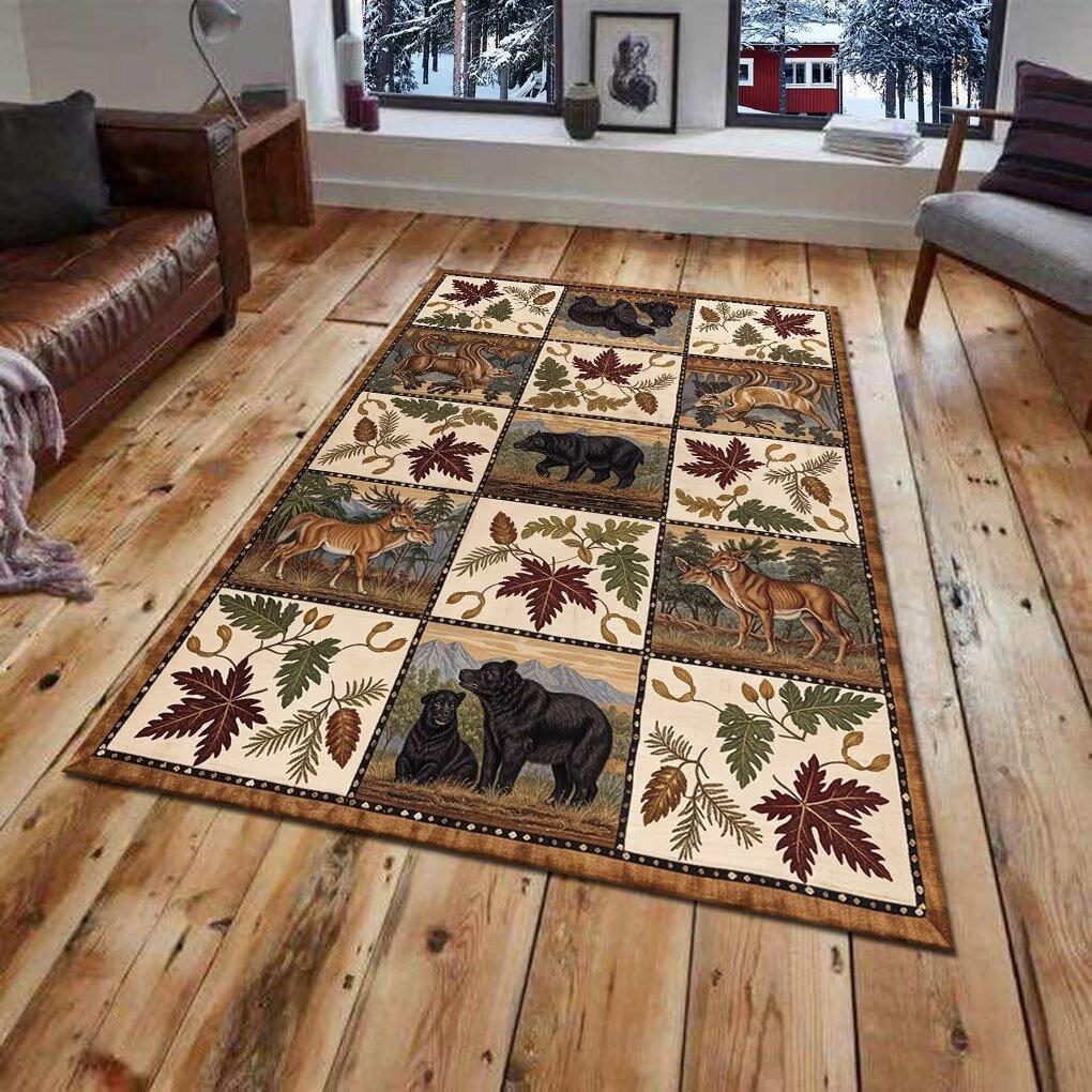 American Country Farmhouse Rug Non-Slip Carpet Mat for Living Room Bedroom Home Decoration Forest Animal Patchwork Design