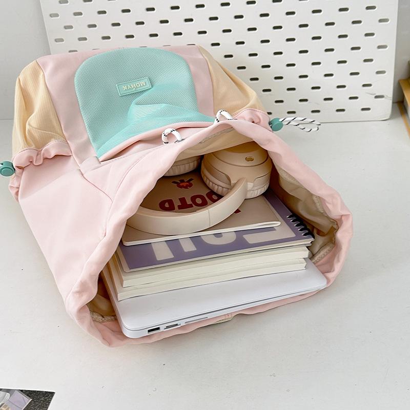 School Bag Korean Version Contrasting Color Drawstring Canvas Bundle Mouth Bag Travel Bag Outdoor Cycling Sports Back Women