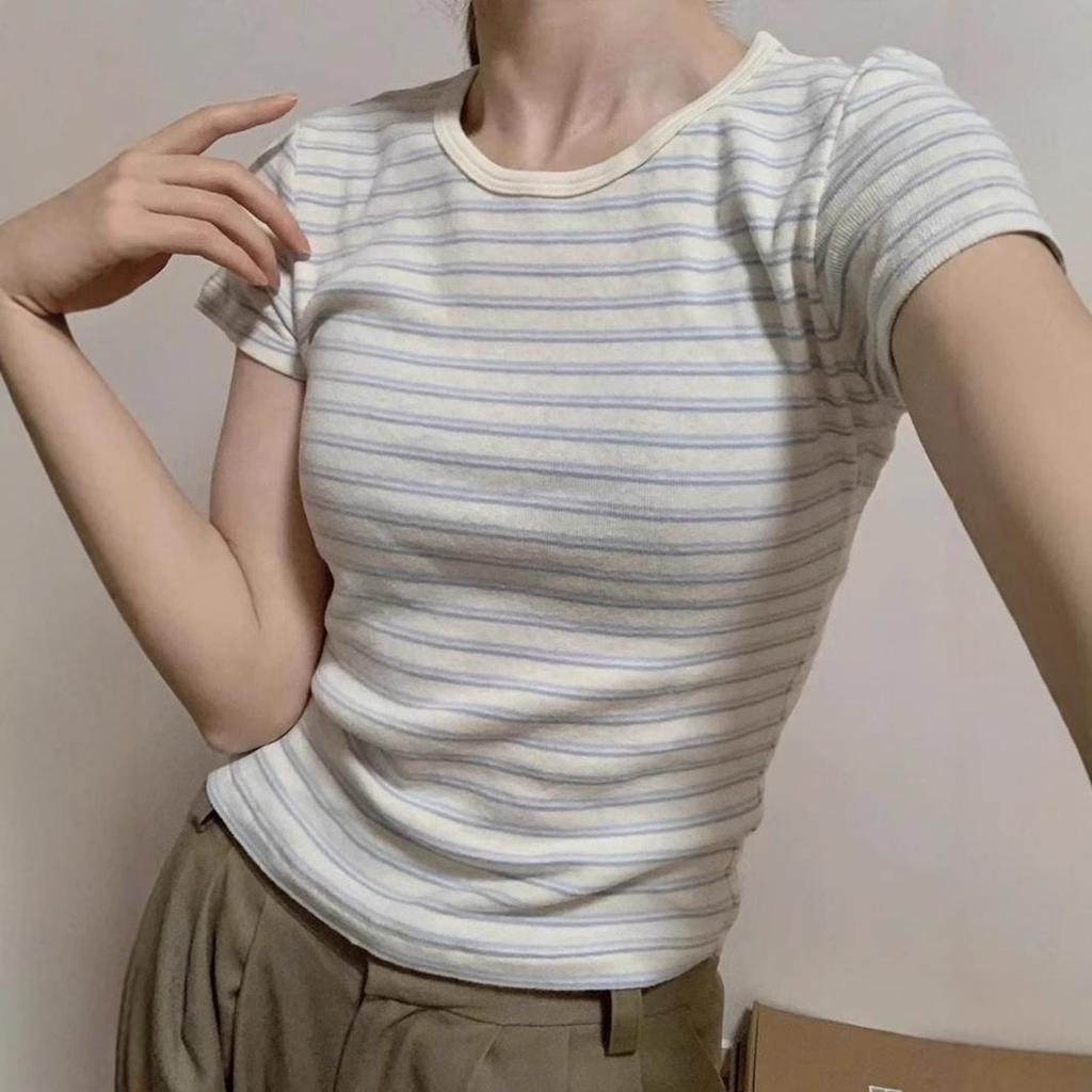 Damen Gestreiftes Kurzarm T-Shirt im Koreanischen Stil – Slim Fit, Süßes und Würziges Sommeroberteil