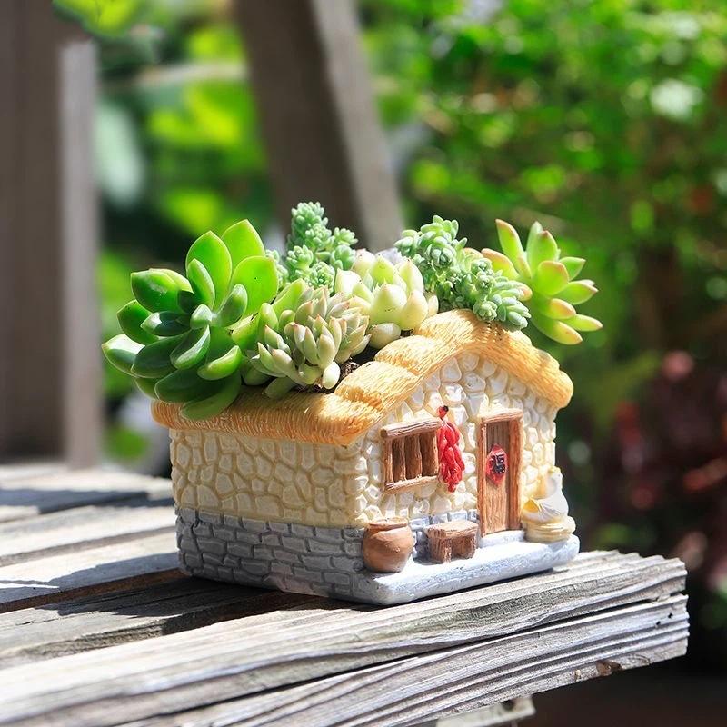 Vintage Rustikaler Harz-Blumentopf Haus für Sukkulente Pflanzen, Mini-Gartendekor im Landhausstil