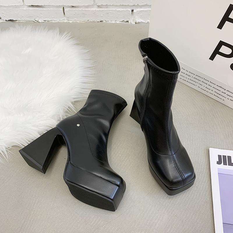 Fashion Square High Heel Women Western Cowgirl Boots Fashion Side Zippers Shoes Autumn Winter Ladies Elegant Platform Short Booties