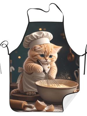2D Print Design Cute Cat Chef Pattern Print Unisex Apron Crafting Wear Barbecue Apron With Adjustable Straps