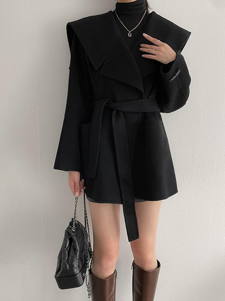 

Корейская Свободная куртка в стиле ретро с воротником-лацканом и галстуком средней длины, шерстяная куртка, эстетичная однотонная, повседневная, зимняя L чёрный