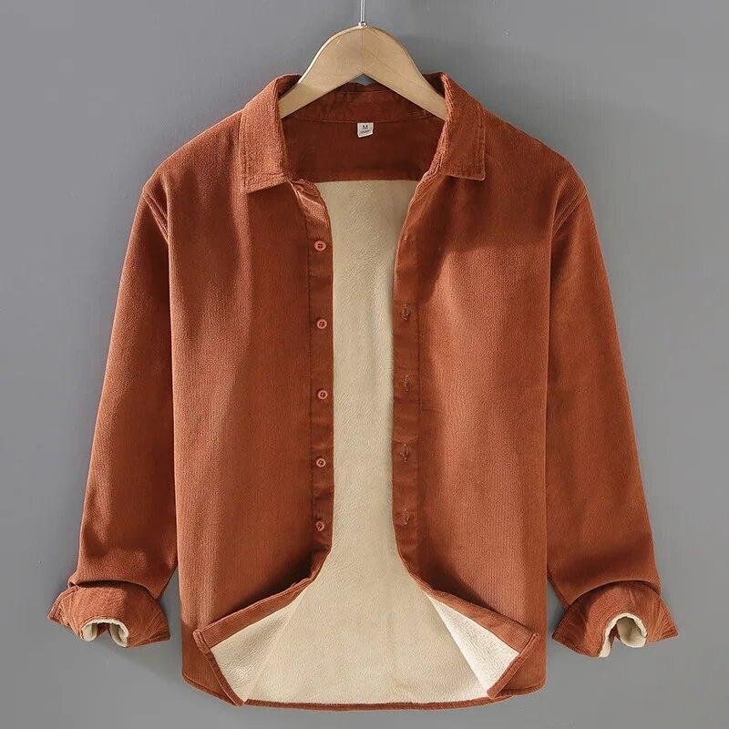Autumn and Winter Warm Shirt Men Daily Casual Long Sleeve Shirts Lapel Collar Corduroy Fleece Shirt Retro Simple Style Thicken Men Tops