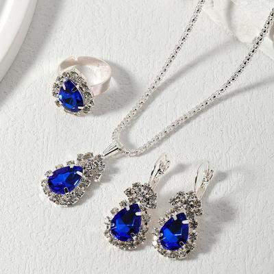 European & American Heart-Shaped Jewelry Set - Necklace, Earrings & Ring with Diamond Pendant.
