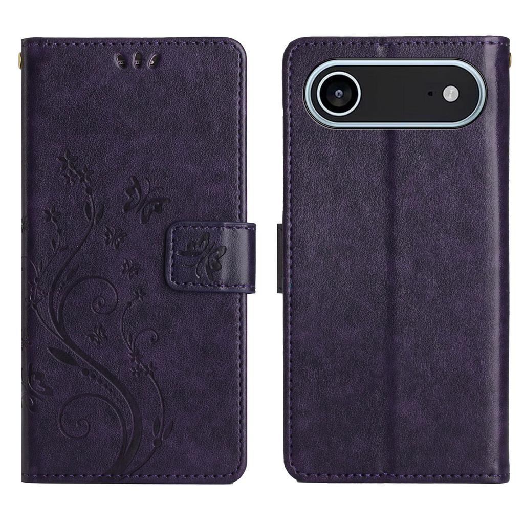 For iPhone 17 Leather Wallet Case Butterfly Flower Imprinted Phone Cover with Strap