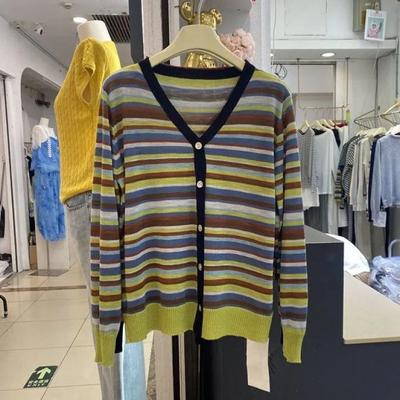 Autumn Winter Striped Patchwork Cardigan Sweater Women Vintage Loose Casual Fashion Knitting V-neck Button Top