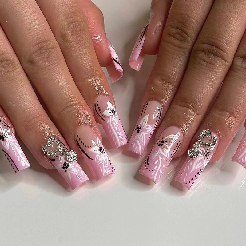 Wearable Nail Art French Pink Edge Mosaic Love Rhinestone Wearing Nail Art Advanced Long Wearing Nail Products