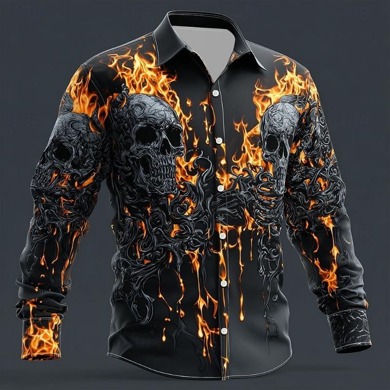 Herrenhemd Halloween Flammen Totenkopf Aufdruck Polyester Outdoor Streetwear Langarm Knopf Kleidung Mode Straßenstil