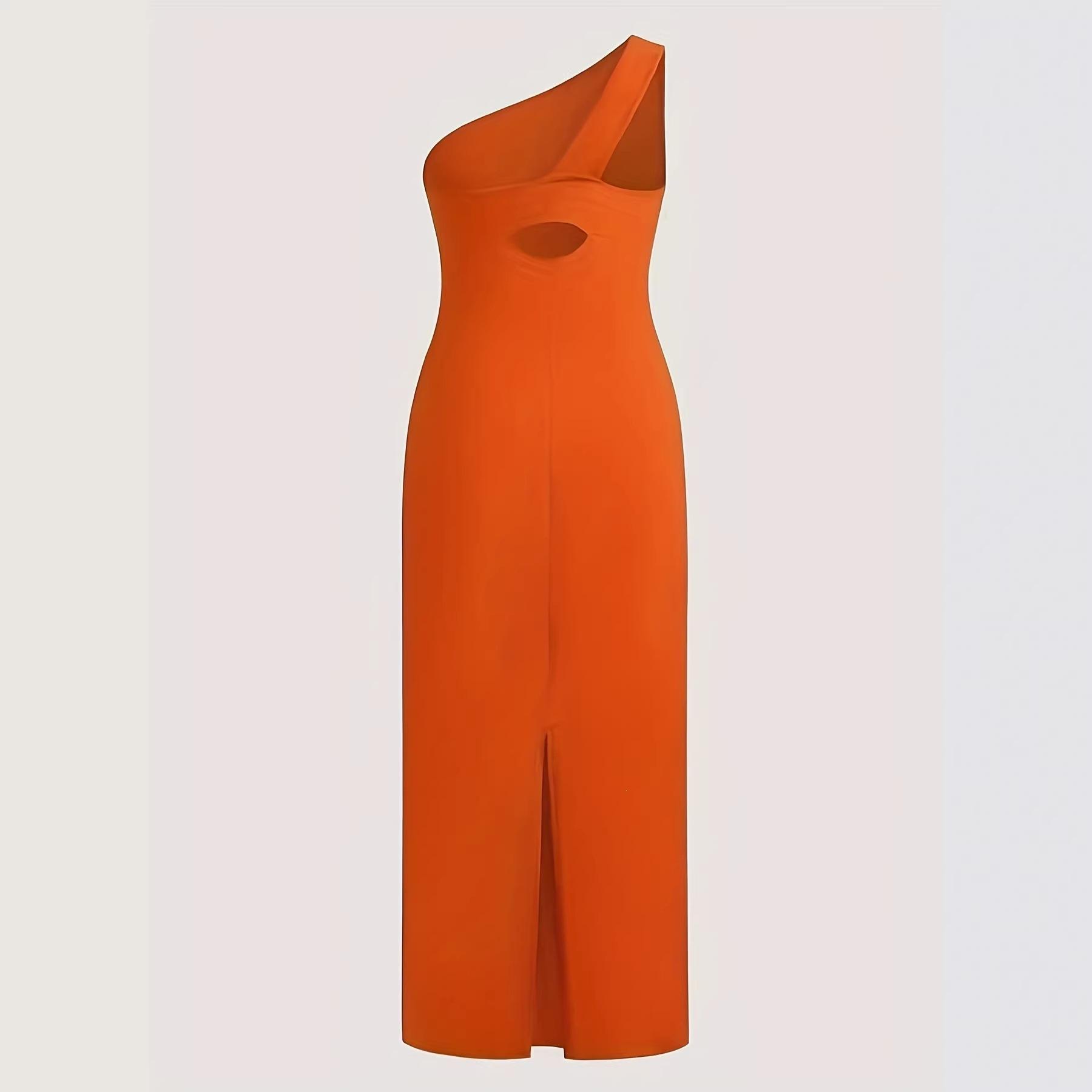 New summer fashion women s elegant slanted shoulder sleeveless slim dress S оранжевый