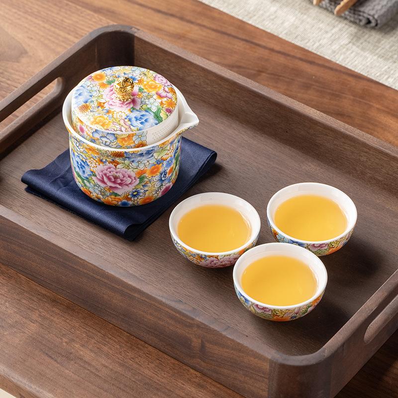 High-end Kung Fu travel tea set Portable set Enamel color tea set Household business souvenir Light luxury court style