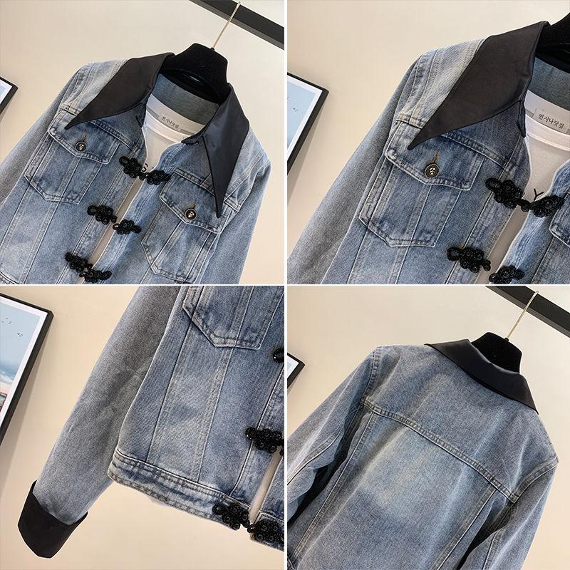 Vintage Disk Buckle Denim Coat Women Top Spring New Loose Everything Senior Sense Small Jacket Tooling Top Tide Solid Color