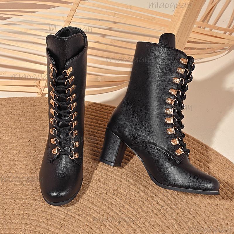 Autumn Winter Plus Size 36-43 Women's High Heel Leather Boots Lace Up Comfortable Ankle Boots for Women Botas Mujer Black Batas