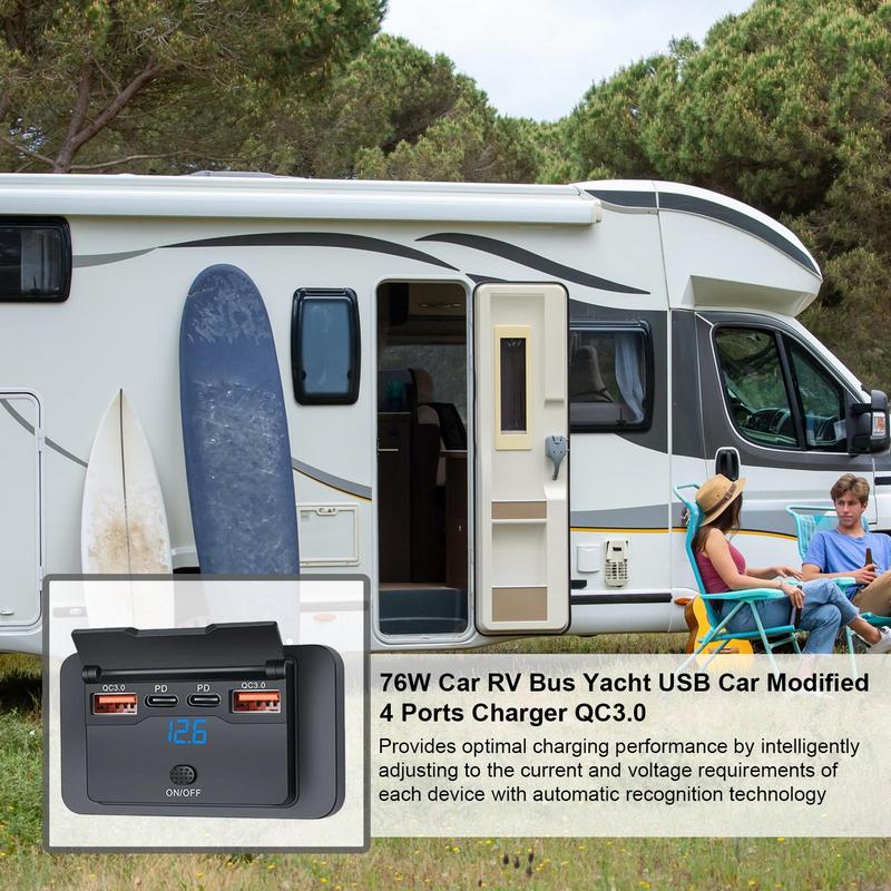 4-Ports 12V RV USB Outlet 76W Dual PD3.0 USB-C 36W & Dual QC3.0 18W Car Charger Socket Adapter for Car Bus Boat Truck