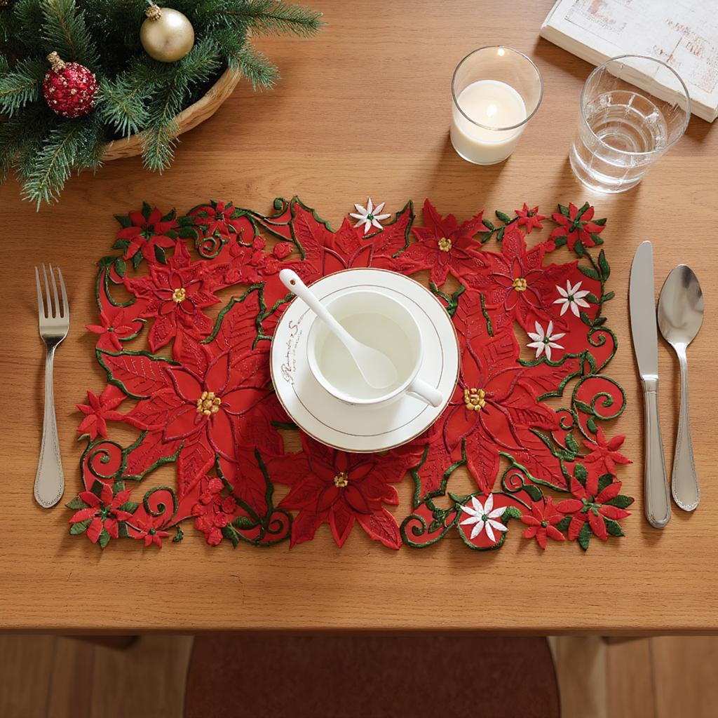 4 Pcs Christmas Embroidered Flower Rectangular Table Mats 11.02x16.93in Red and Green Placemats Table Doily for Home and Kitchen