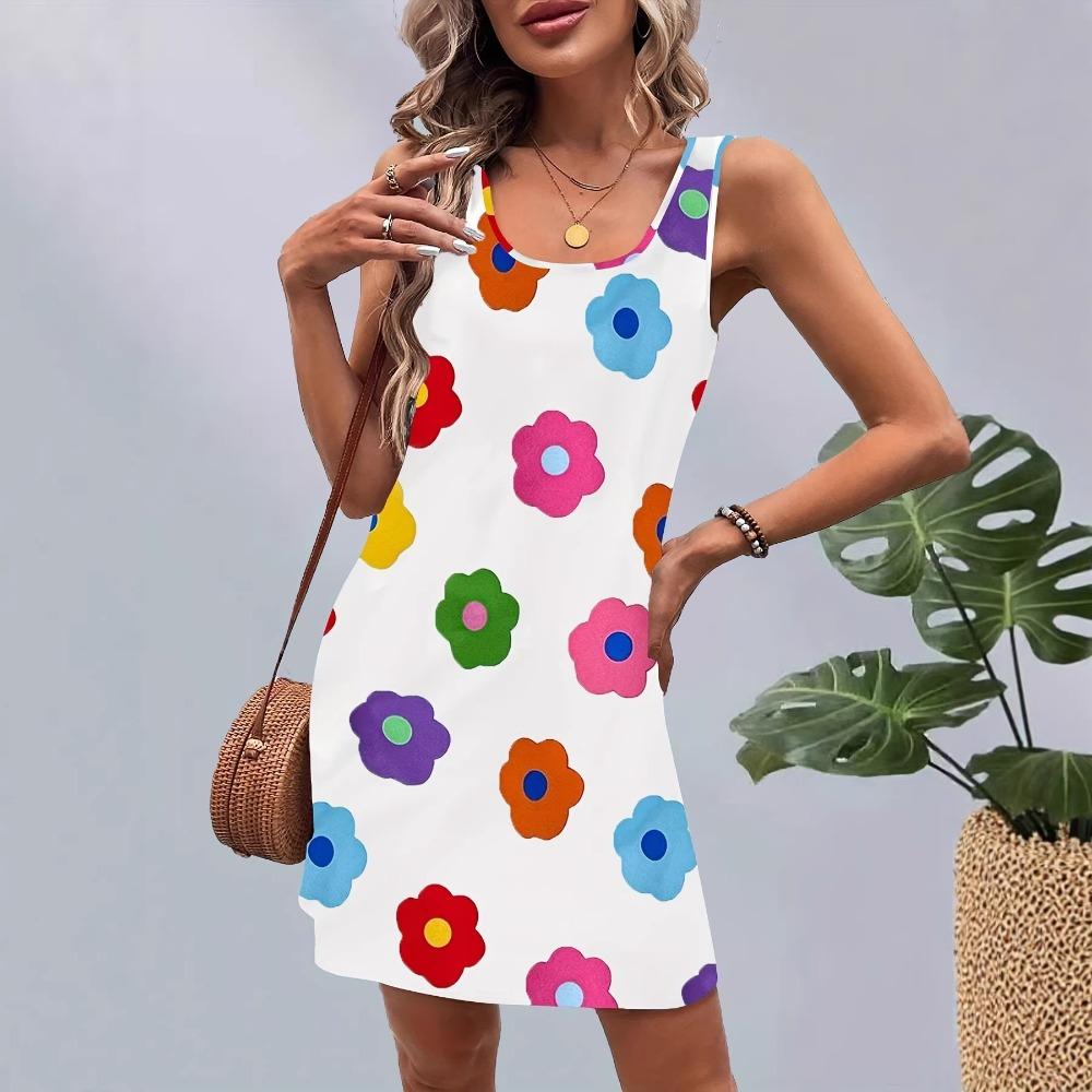 Summer Women Sleeveless Dress Floral Small Fresh Round Neck Vest Dress Casual Loose Seaside Vacation Style Comfortable Breathable Dress