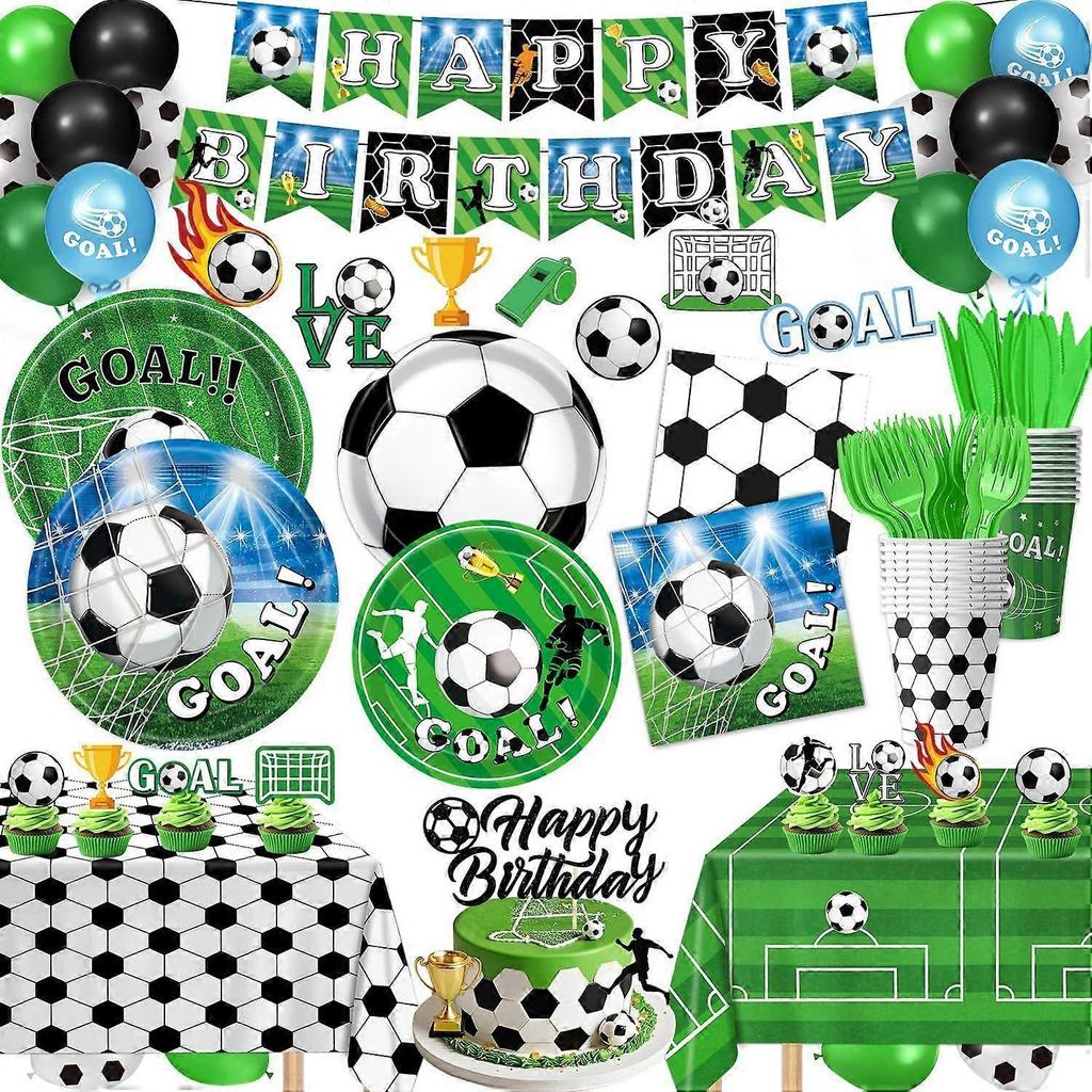 Soccer Birthday Party Decorations Include Plates, Napkins, Cups, Cutlery, Banner, Balloons, Tablecloth, Cake & Cupcake Toppers for Sports Soccer Theme