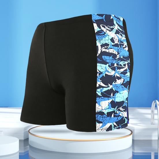 Inner Drawstring Mid-rise Swimming Trunks with Lining Streamlined Design Elastic Waistband Men Shark Print Stitching Swim Shorts Beachwear