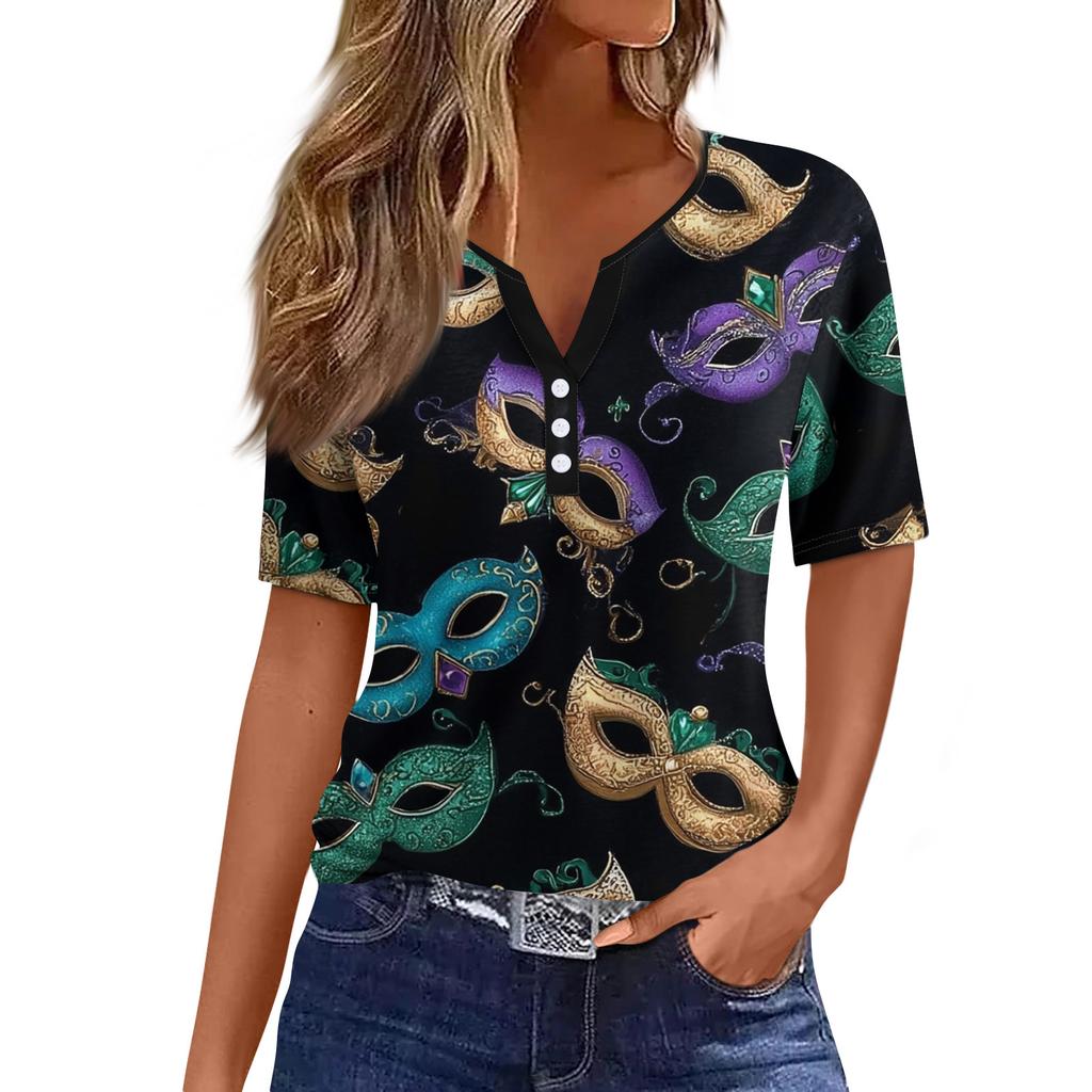 Damen-T-Shirt, T-Shirt, bedruckt, Knopfleiste, kurzärmelig, für den Alltag, Wochenende, modisch, Basic, V-Ausschnitt, normales Oberteil