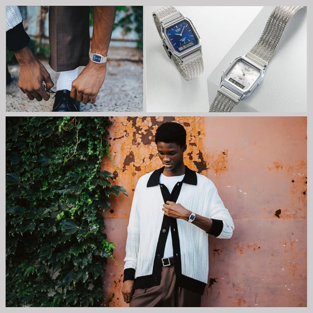 Casio Ana-Digi Vintage Series Quartz Watch AQ-230EM-2A Mesh Metal Band Unisex Dual Time Navy