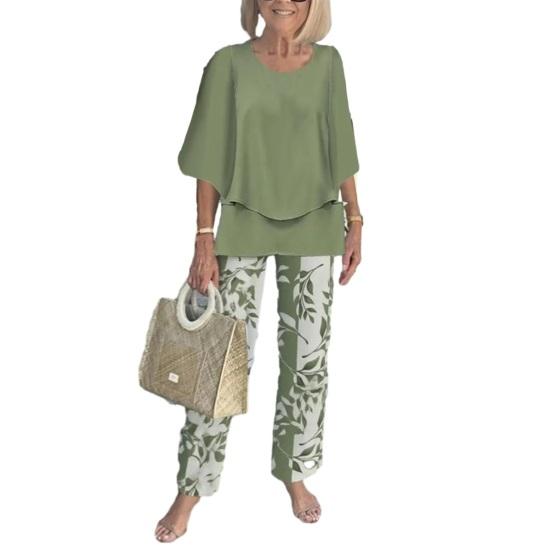 

Летний комплект из 2 предметов для женщин: топ с коротким рукавом и круглым вырезом и длинные брюки. Комплекты для путешествий, отпуска, отдыха. M зелёный