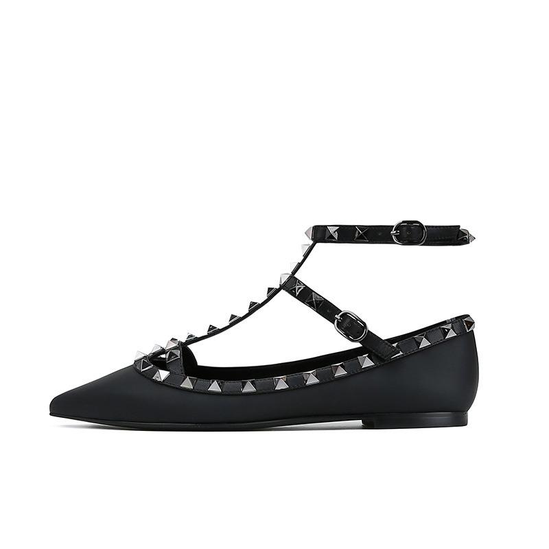 Sheepskin version~ Leather pointed tip shallow mouth strap rivet Mary Jane shoes women's flat all-match single shoes